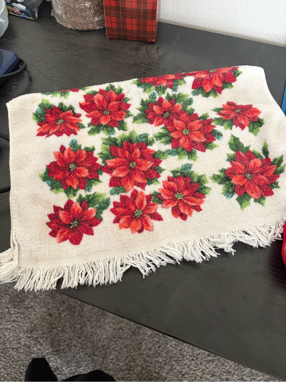 Holiday Poinsettia Fringe Dish Towel And Pot Holder- Cream and Red